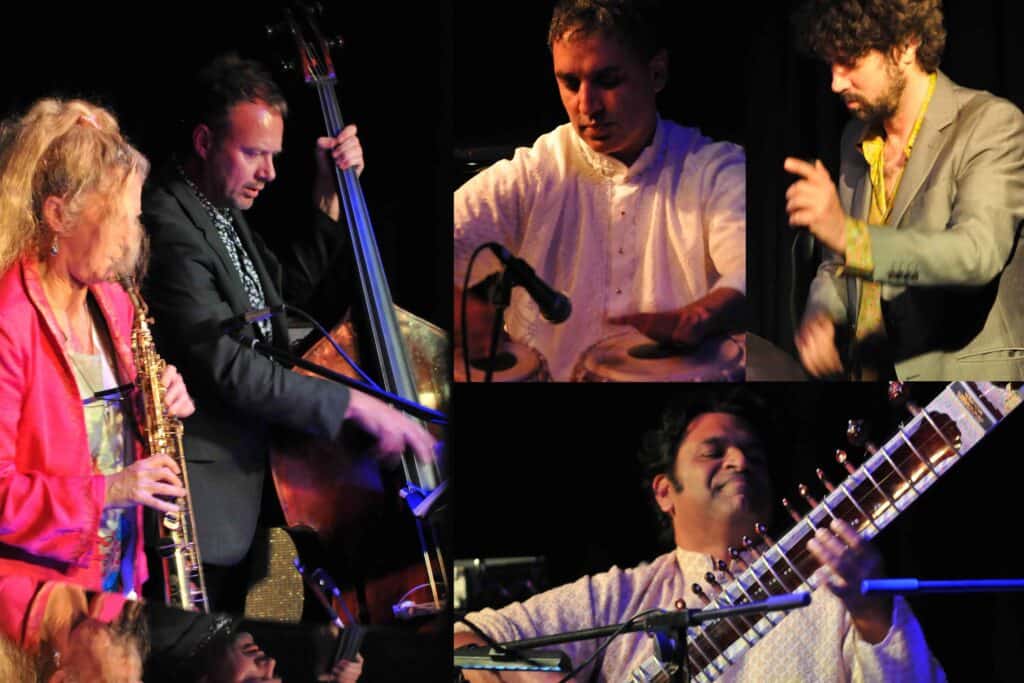Ahimsa performers Sandy Evans (saxophones), Bobby Singh (tabla), Sarangan Sriranganthan (sitar, voice), Brett Hirst (double bass), Alon Ilsar (drums, airsticks).