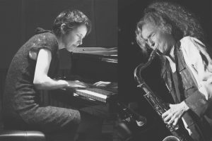 black and white photo collage of andrea keller and sandy evans