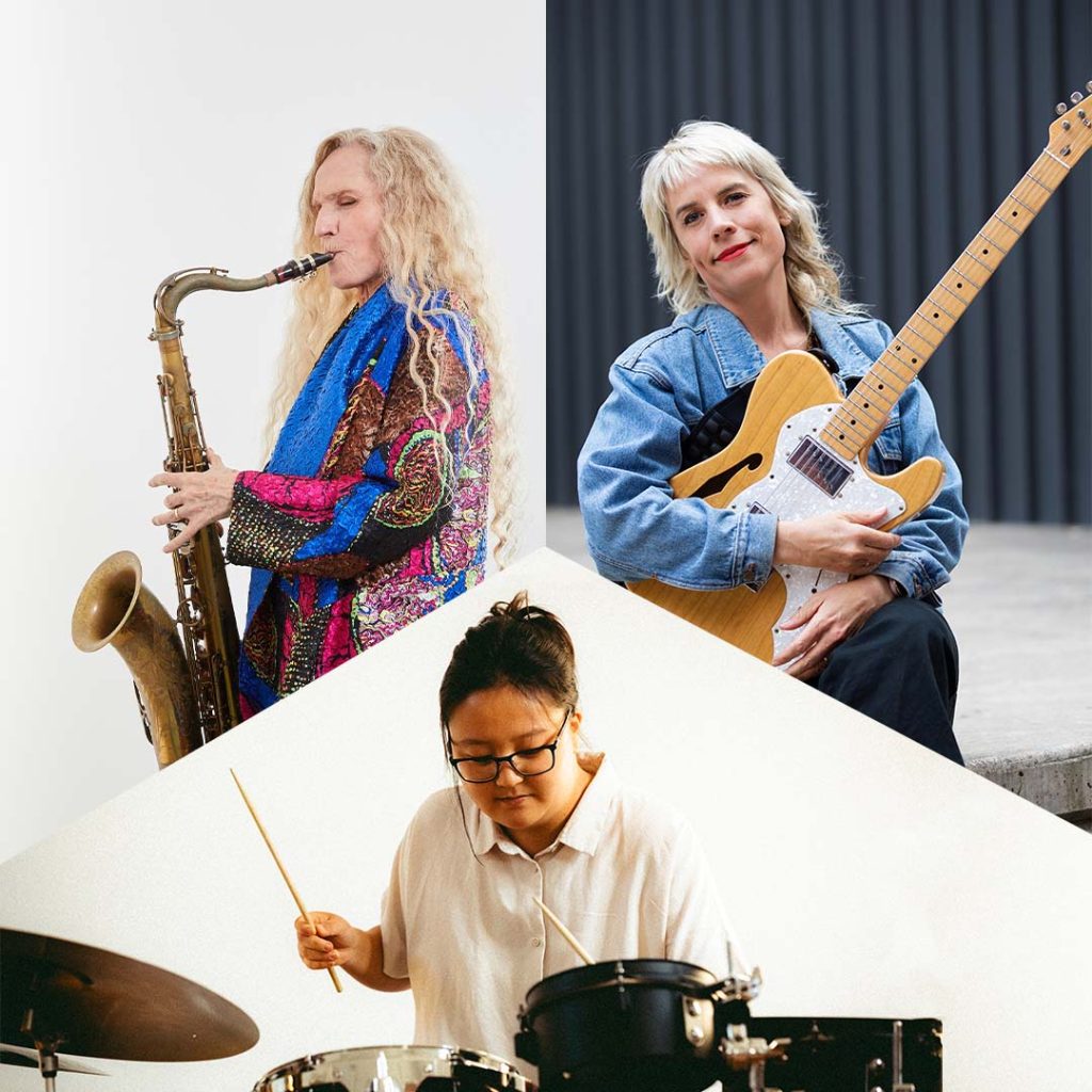 Collage of musician images - Sandy Evans, Jess Green and Chloe Kim